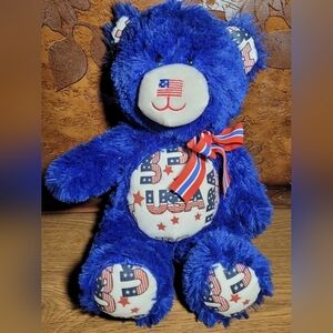 USA Teddy Bear Blue Plush~ Flag Nose~ Red White & Blue Bow~ Fourth Of July Decor